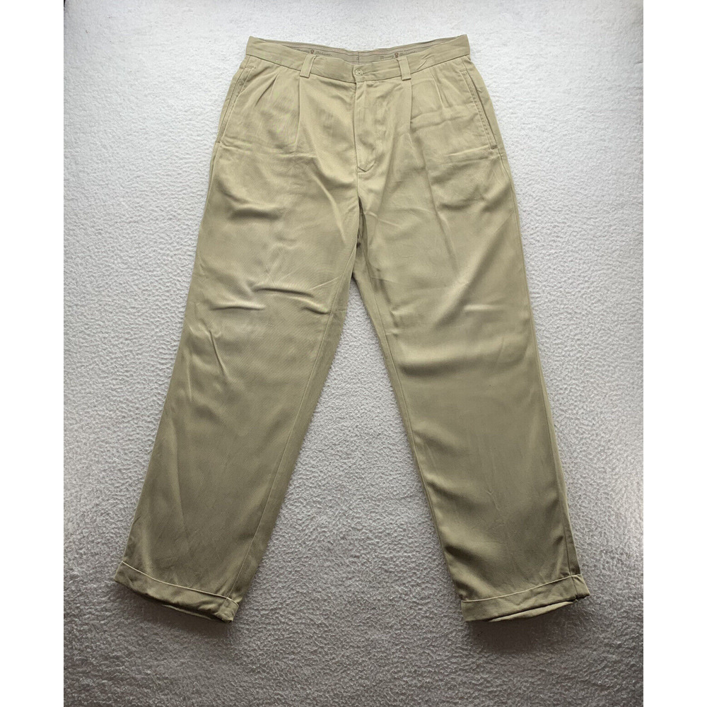 Tommy Bahama Silk Pants Mens 35x31 (Tag 35x34) Trouser Hemmed Pleated Tan Dad‎